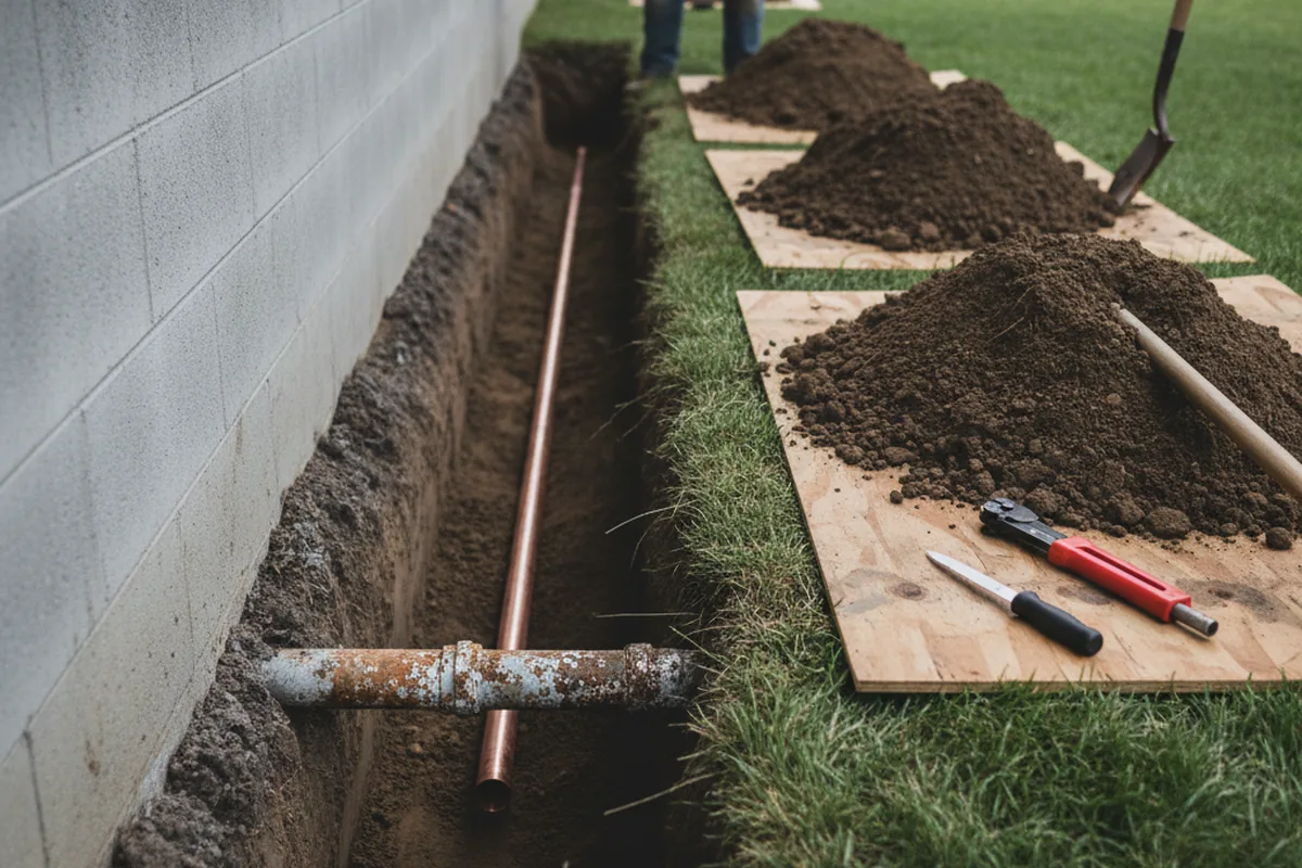 Excavated water line trench during Sewer Line Repair in Armada